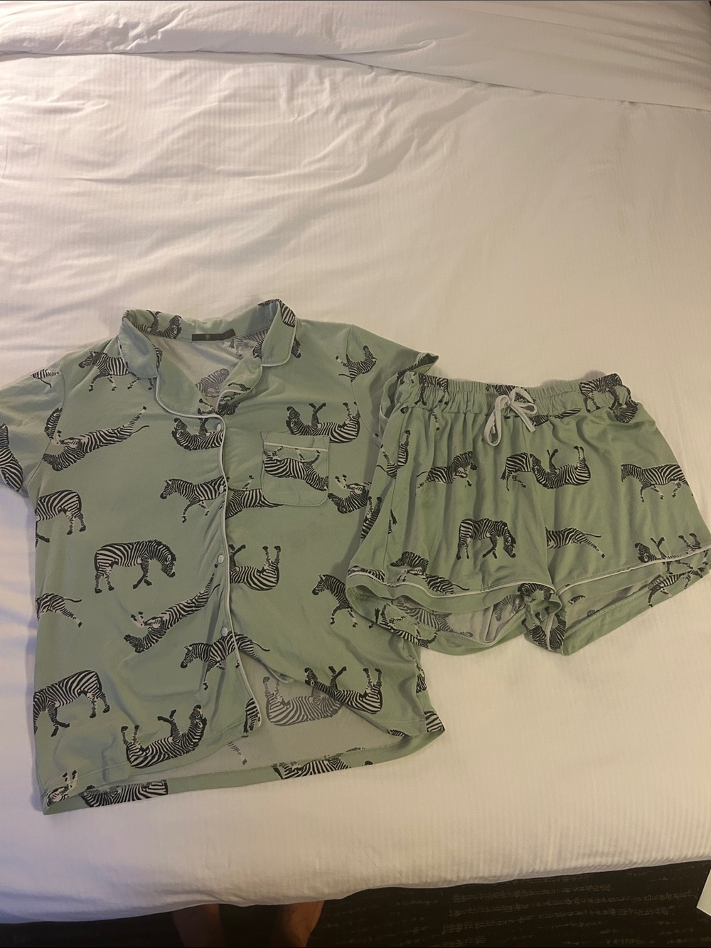 Zebra-Print Mint Green Short Pajama Set with Button-Front Top